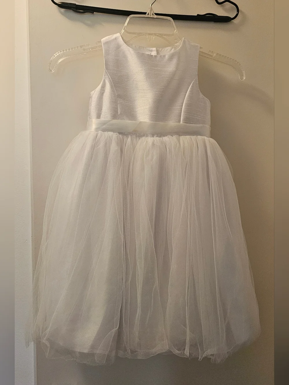 White Tulle Flower Girl Dress by David's Bridal featuring tulle skirt & ribbon - Picture 1 of 8